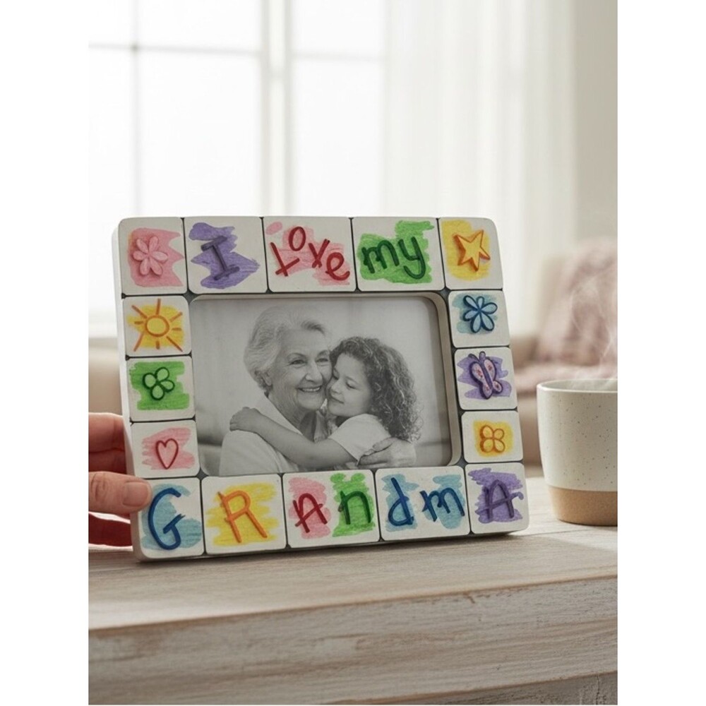 Vintage Russ Berrie "Skribbles" Ceramic Picture Frame – "I Love My Grandma" 4x6